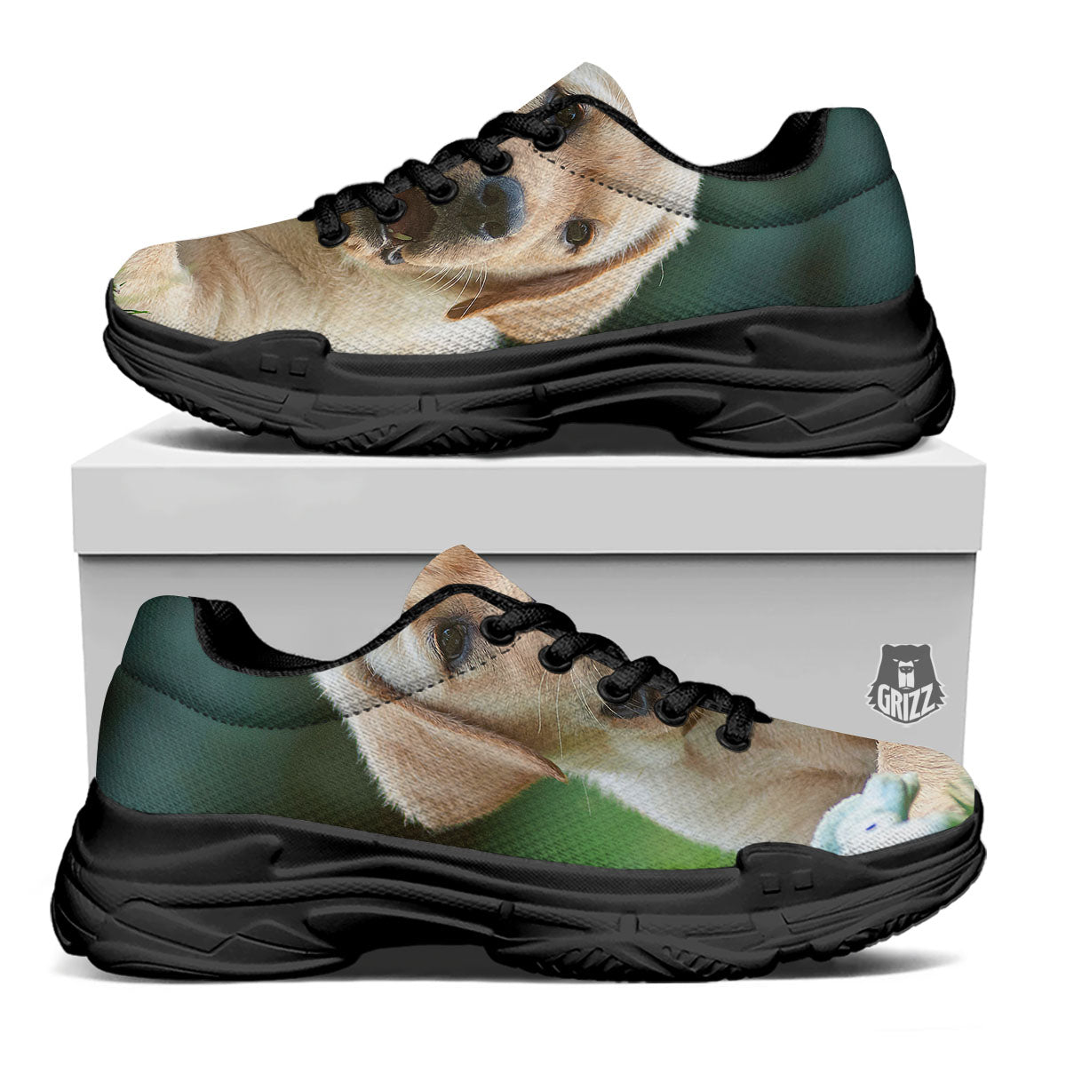Puppy And Labrador Retriever Print Black Chunky Shoes-grizzshop