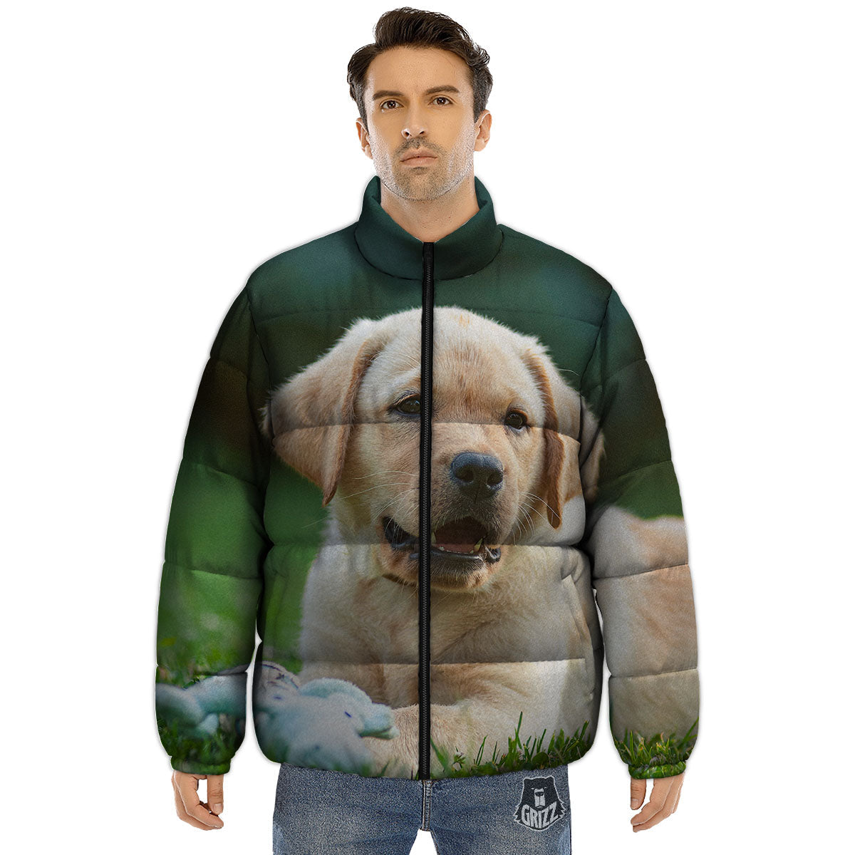 Puppy And Labrador Retriever Print Puffer Jacket-grizzshop