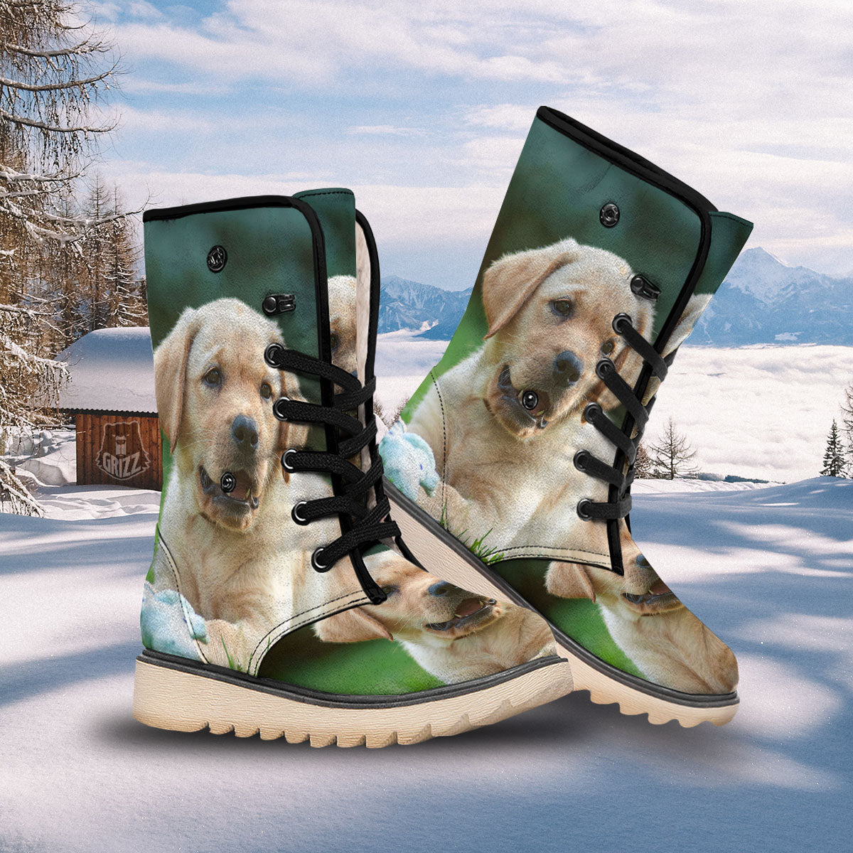 Puppy And Labrador Retriever Print Snow Boots-grizzshop