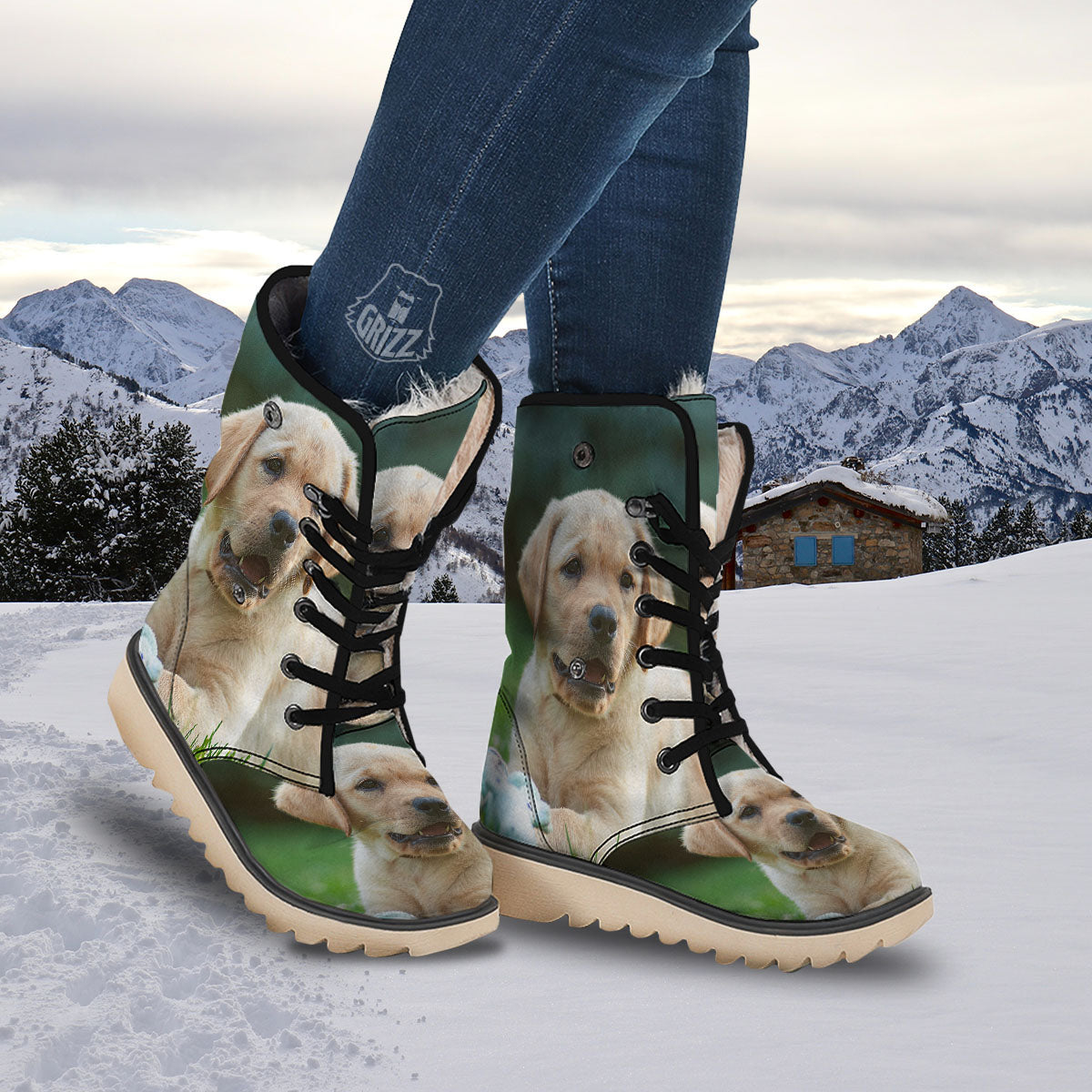 Puppy And Labrador Retriever Print Snow Boots-grizzshop