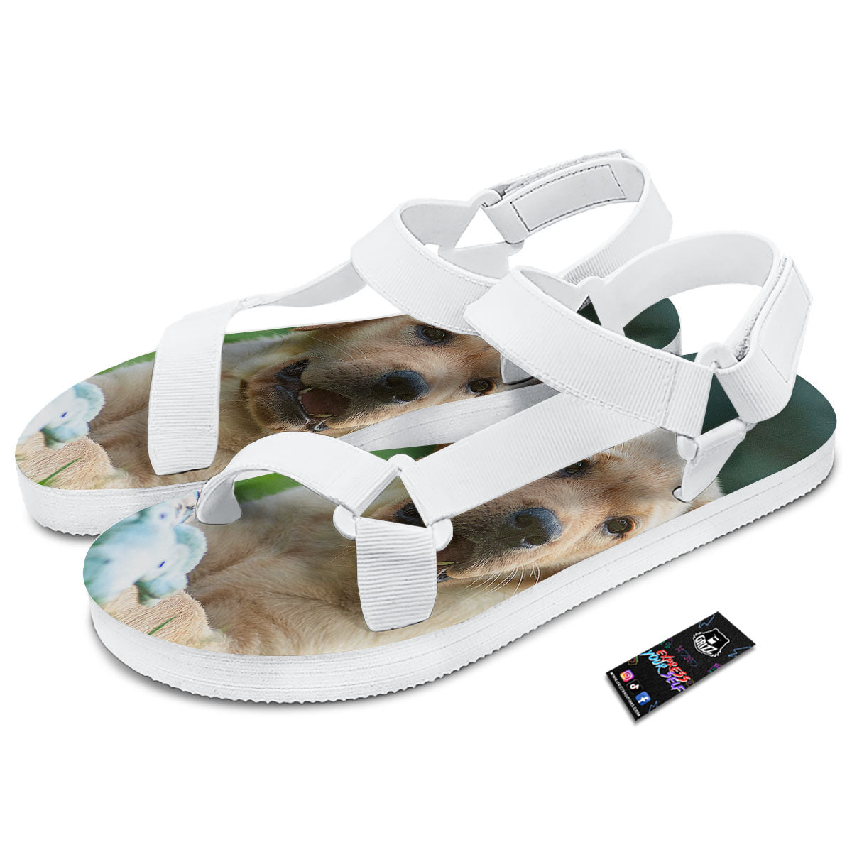 Puppy And Labrador Retriever Print White Open Toe Sandals-grizzshop