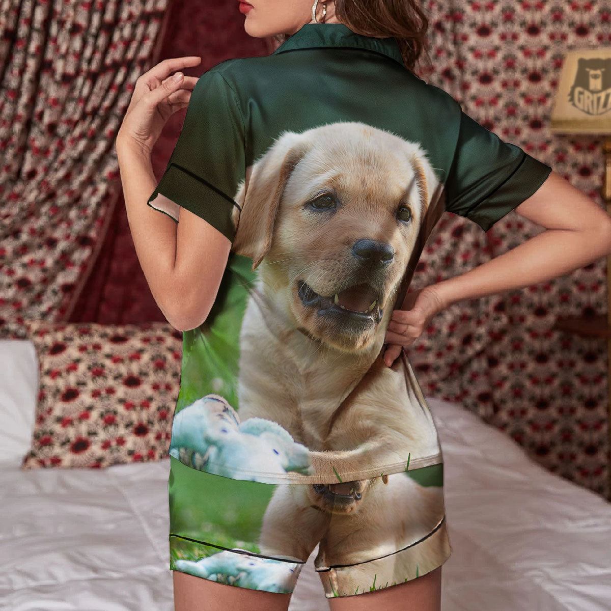 Puppy And Labrador Retriever Print Women Silk Pajamas-grizzshop
