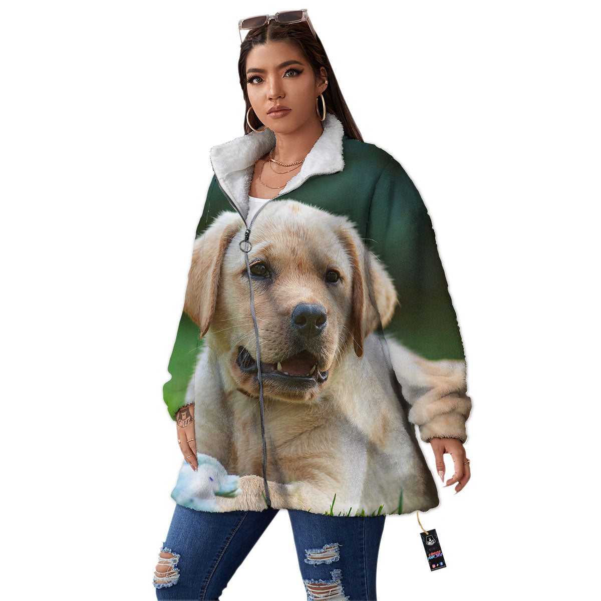 Puppy And Labrador Retriever Print Women's Sherpa Jacket-grizzshop