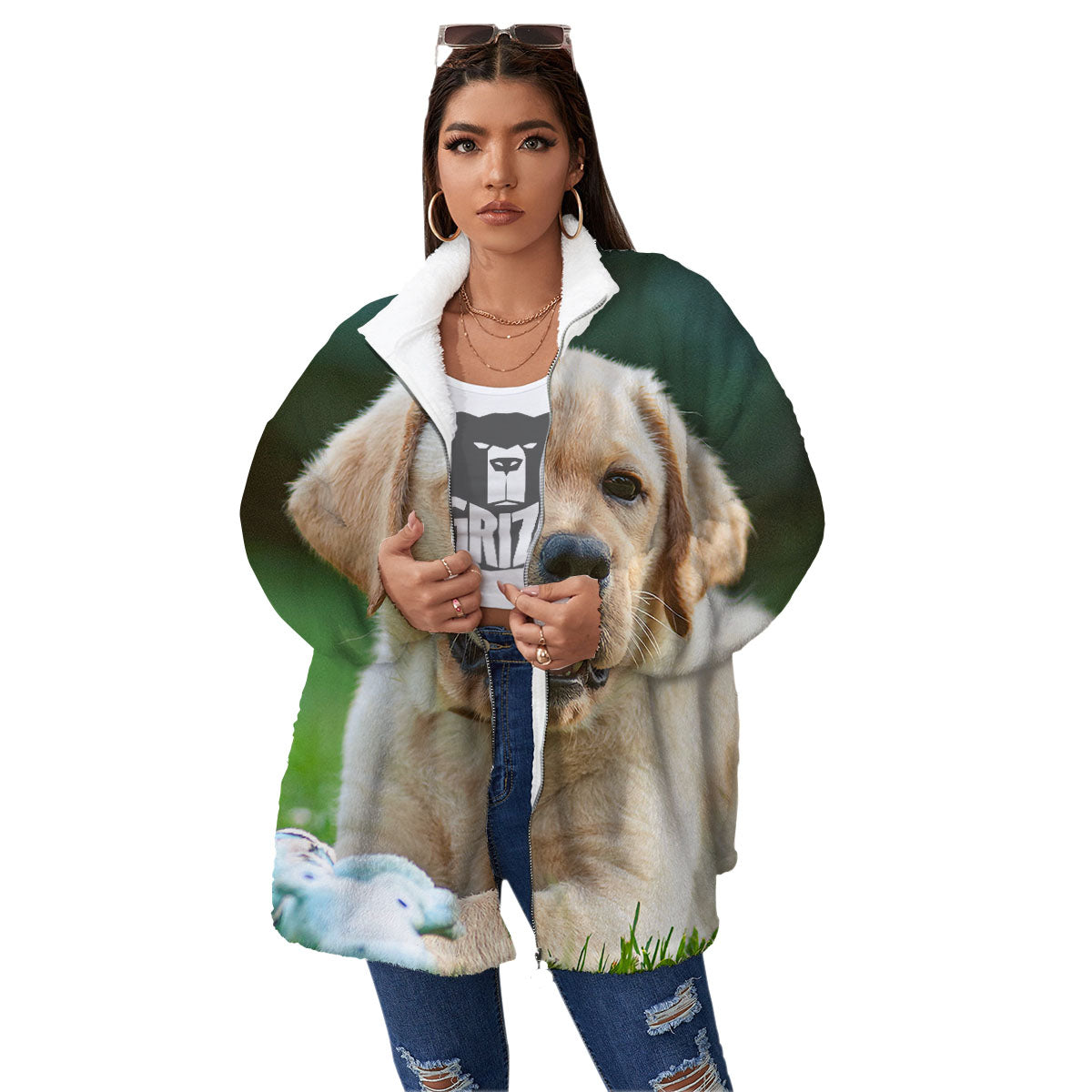 Puppy And Labrador Retriever Print Women's Sherpa Jacket-grizzshop