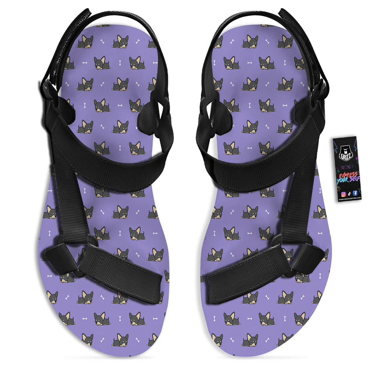 Puppy Chihuahua Print Pattern Black Open Toe Sandals-grizzshop