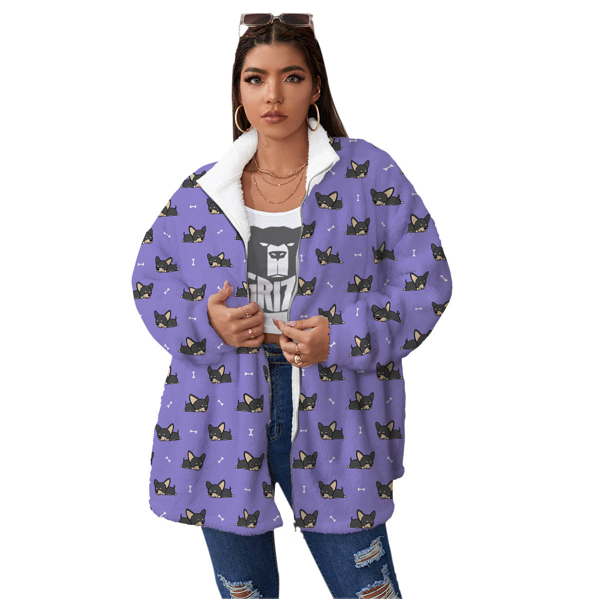 Puppy Chihuahua Print Pattern Women's Sherpa Jacket-grizzshop