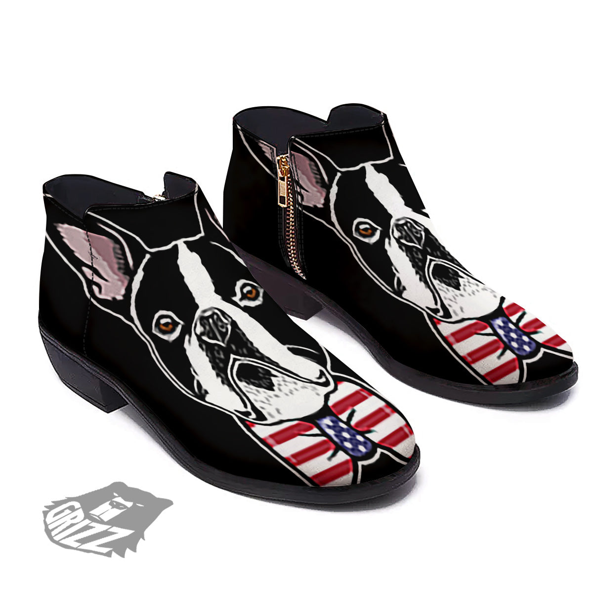 Puppy Faces Boston Terrier Print Ankle Boots-grizzshop