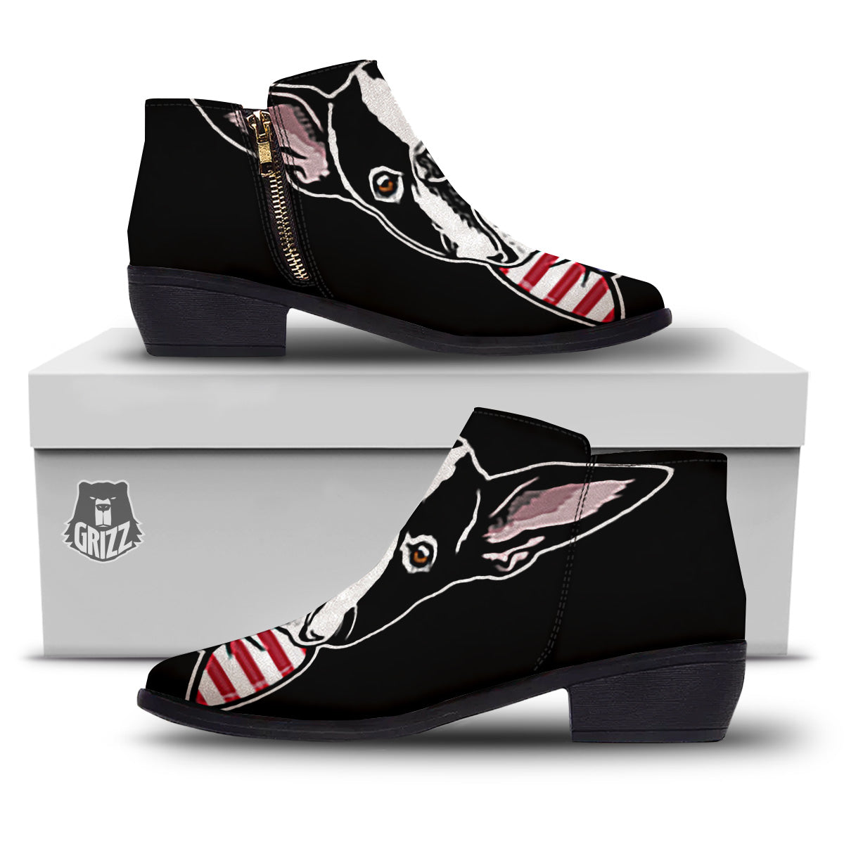 Puppy Faces Boston Terrier Print Ankle Boots-grizzshop