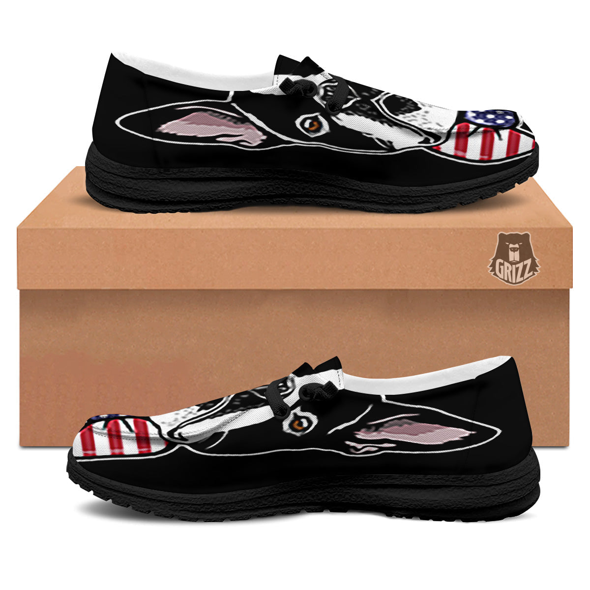 Puppy Faces Boston Terrier Print Black Loafers-grizzshop