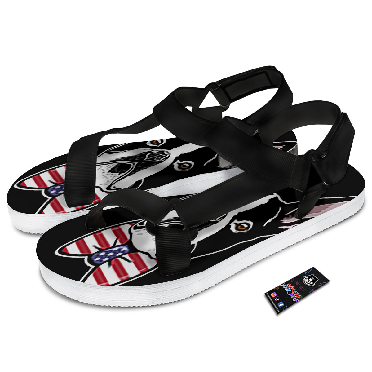 Puppy Faces Boston Terrier Print Black Open Toe Sandals-grizzshop
