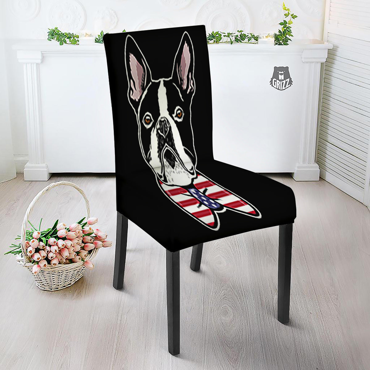 Puppy Faces Boston Terrier Print Dining Chair Slipcover-grizzshop