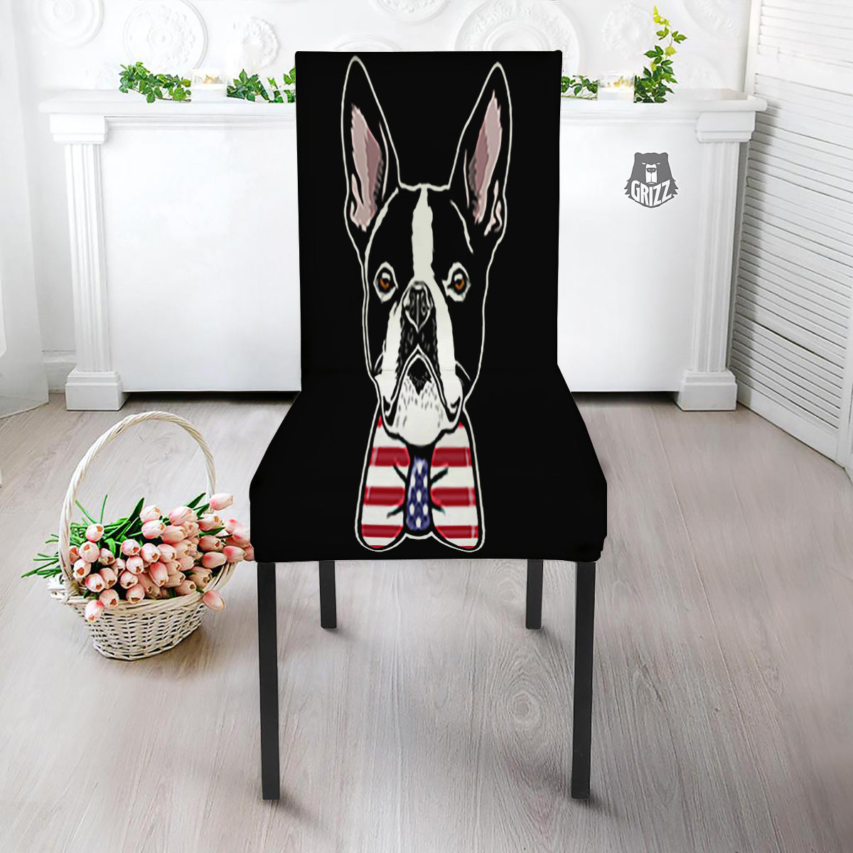 Puppy Faces Boston Terrier Print Dining Chair Slipcover-grizzshop