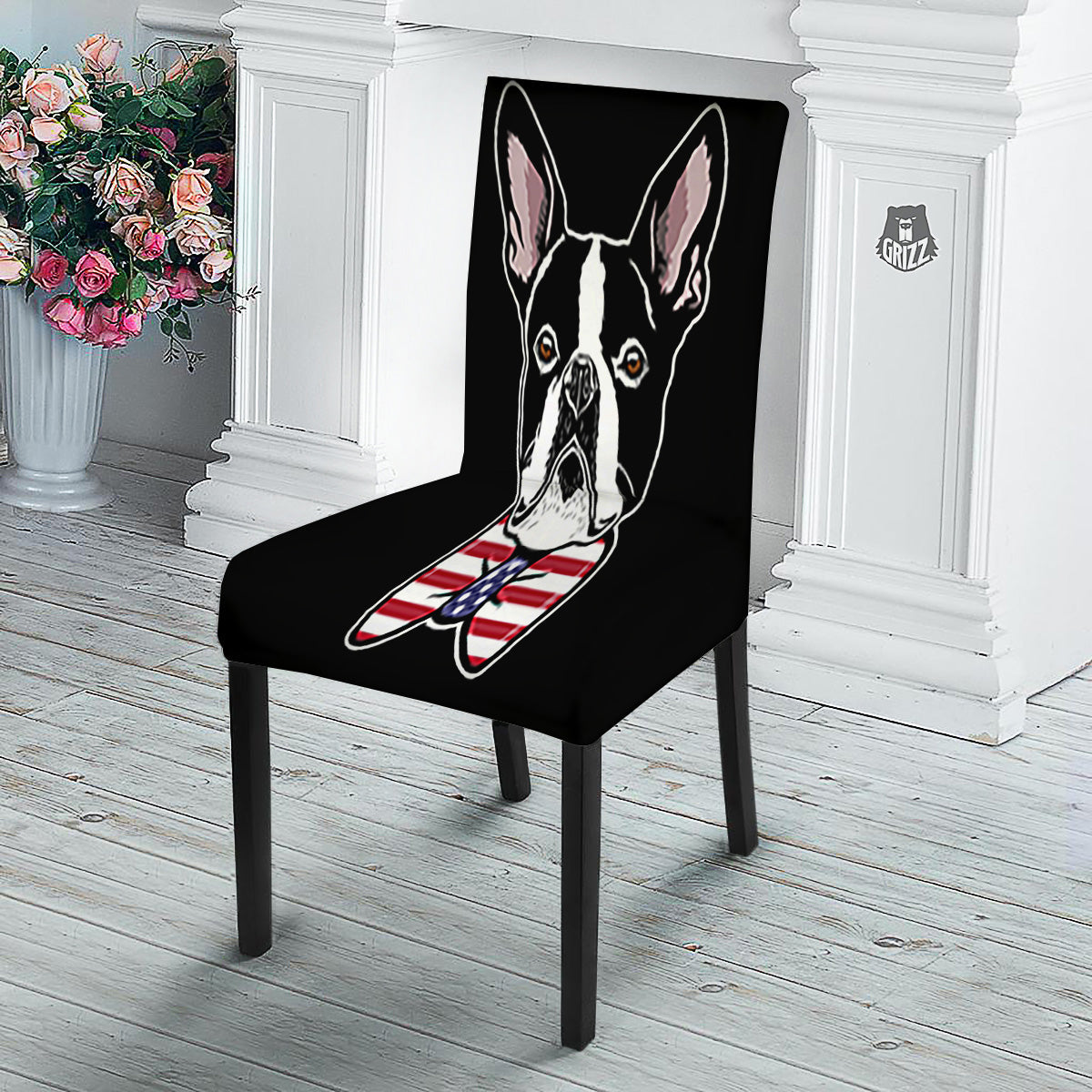 Puppy Faces Boston Terrier Print Dining Chair Slipcover-grizzshop