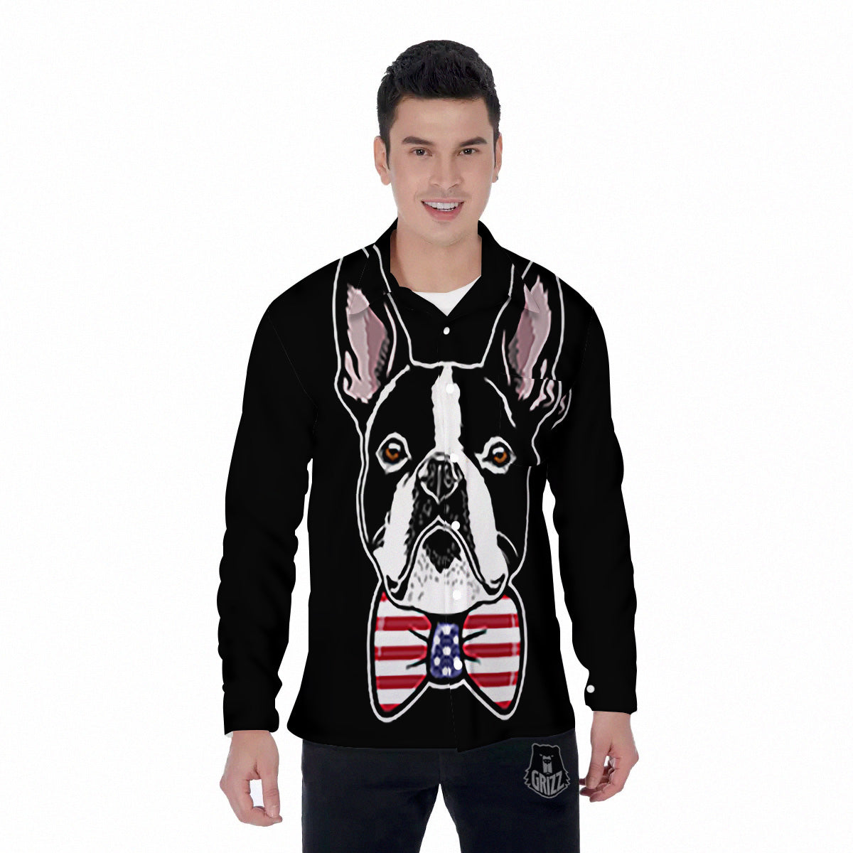Puppy Faces Boston Terrier Print Men's Long Sleeve Shirts-grizzshop