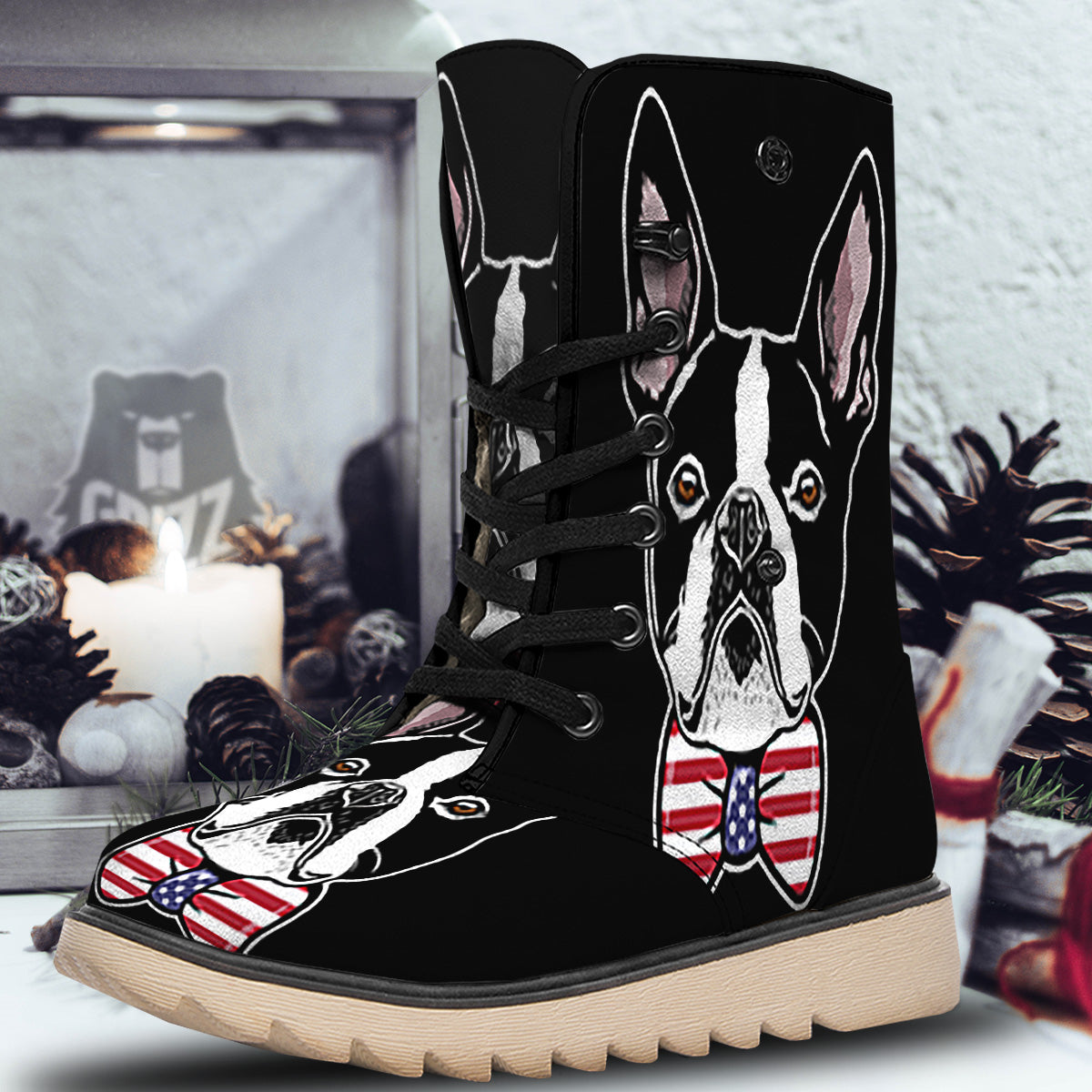 Puppy Faces Boston Terrier Print Snow Boots-grizzshop