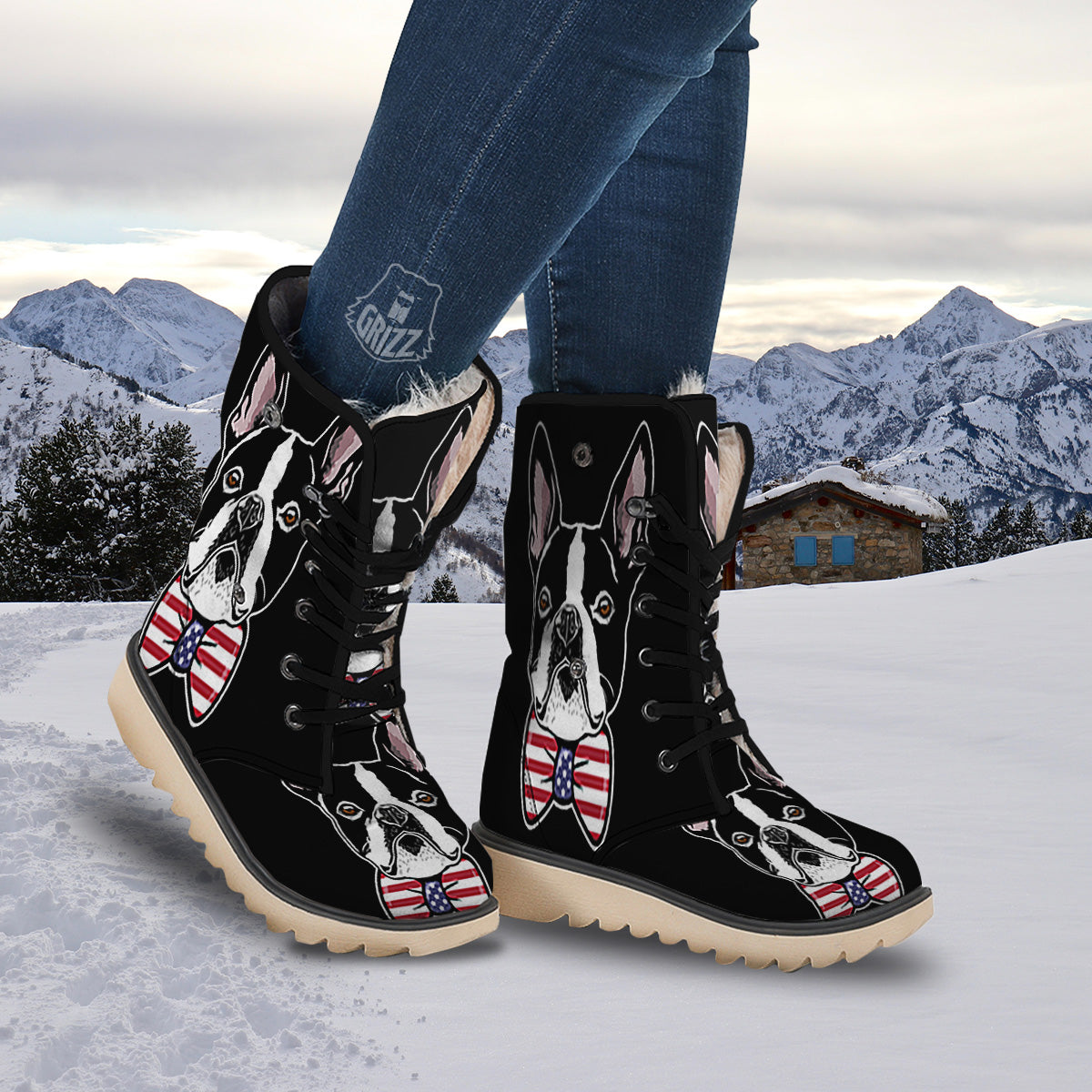 Puppy Faces Boston Terrier Print Snow Boots-grizzshop