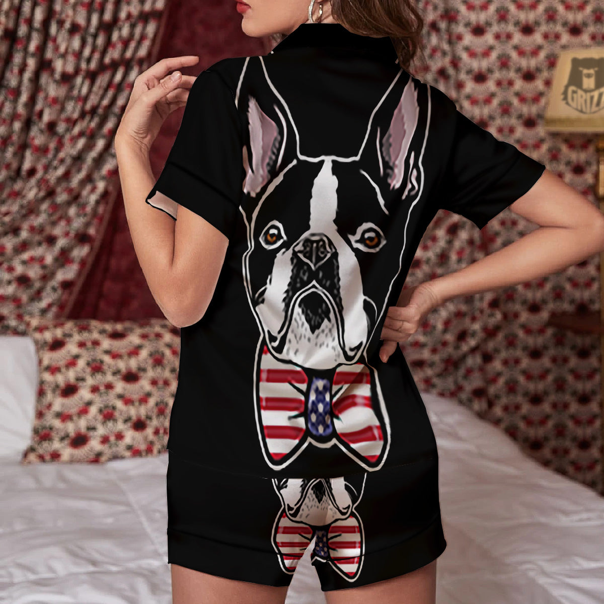 Puppy Faces Boston Terrier Print Women Silk Pajamas-grizzshop