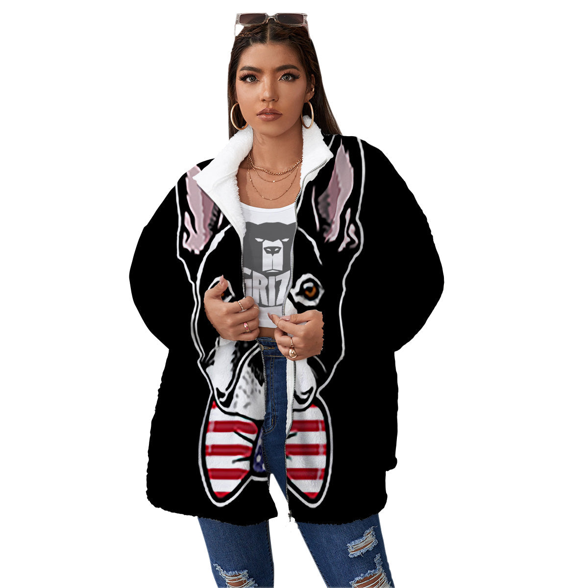 Puppy Faces Boston Terrier Print Women's Sherpa Jacket-grizzshop