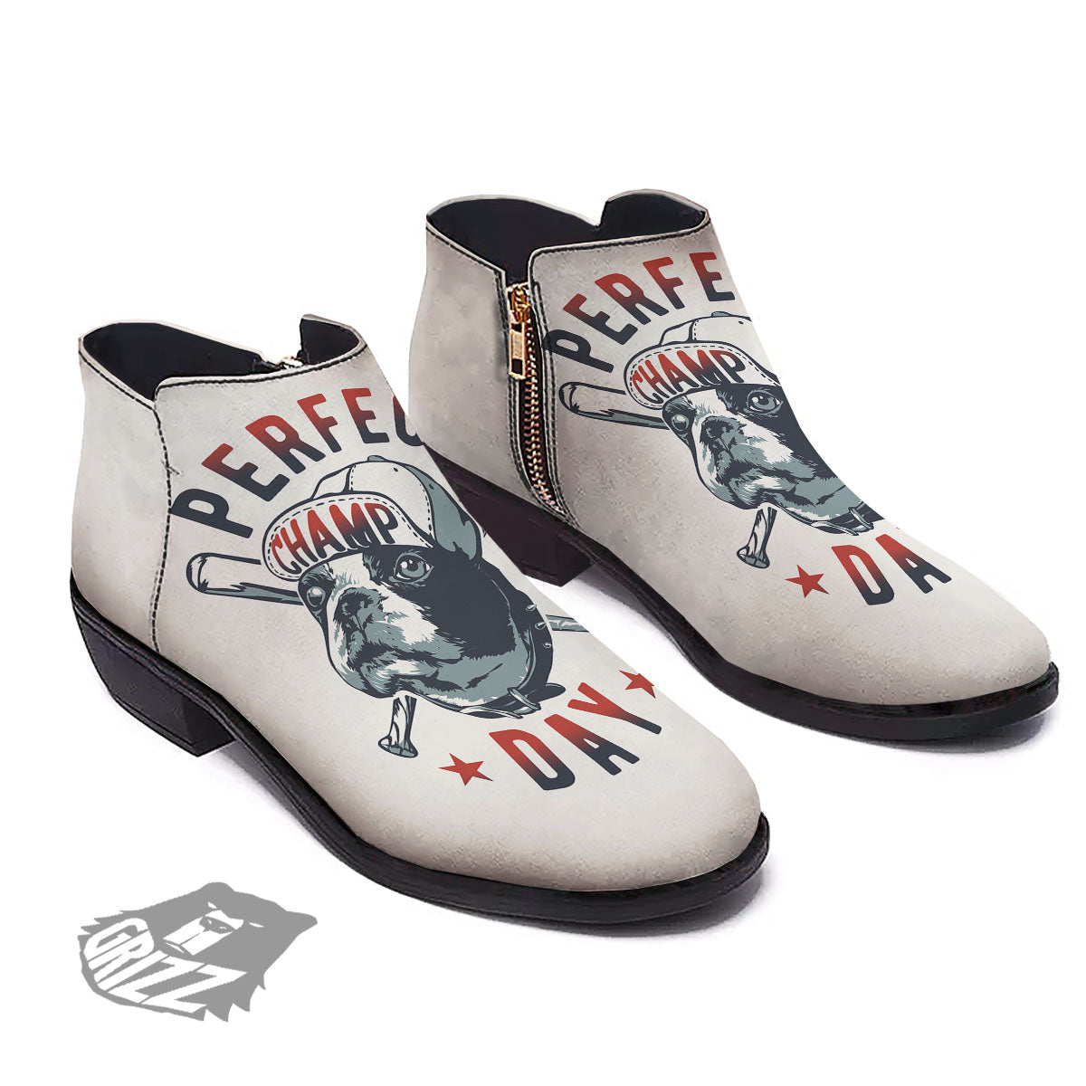 Puppy French Bulldog And Baseball Print Ankle Boots-grizzshop