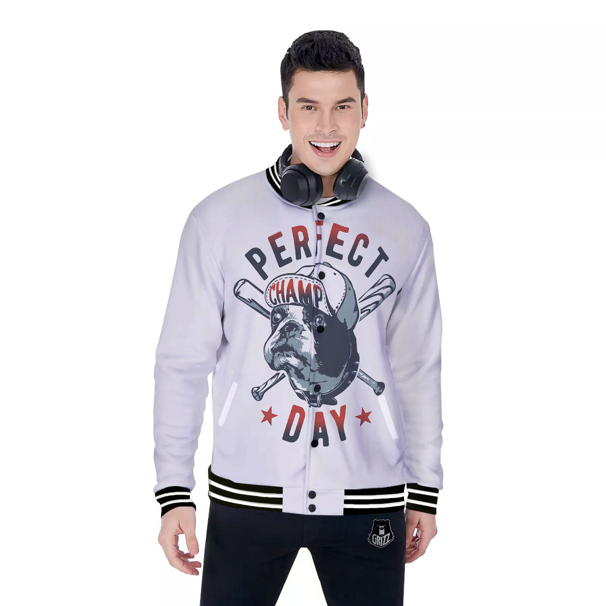 Puppy French Bulldog And Baseball Print Baseball Jacket-grizzshop