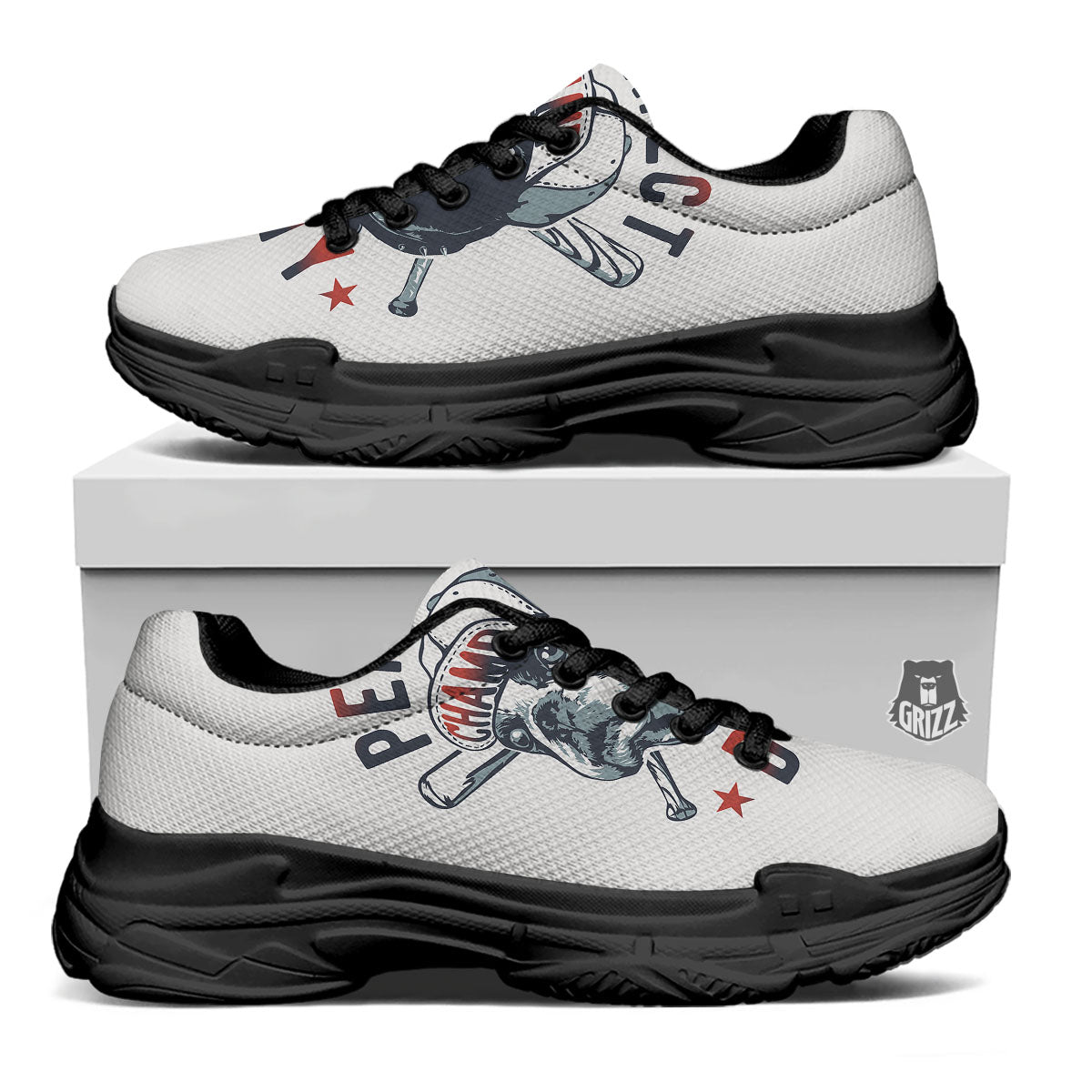 Puppy French Bulldog And Baseball Print Black Chunky Shoes-grizzshop