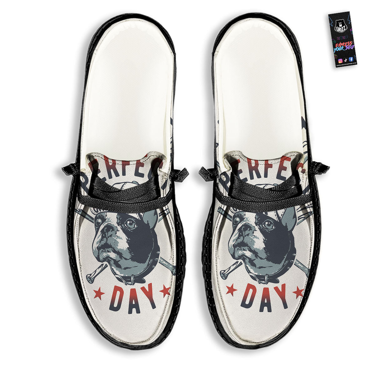 Puppy French Bulldog And Baseball Print Black Loafers-grizzshop