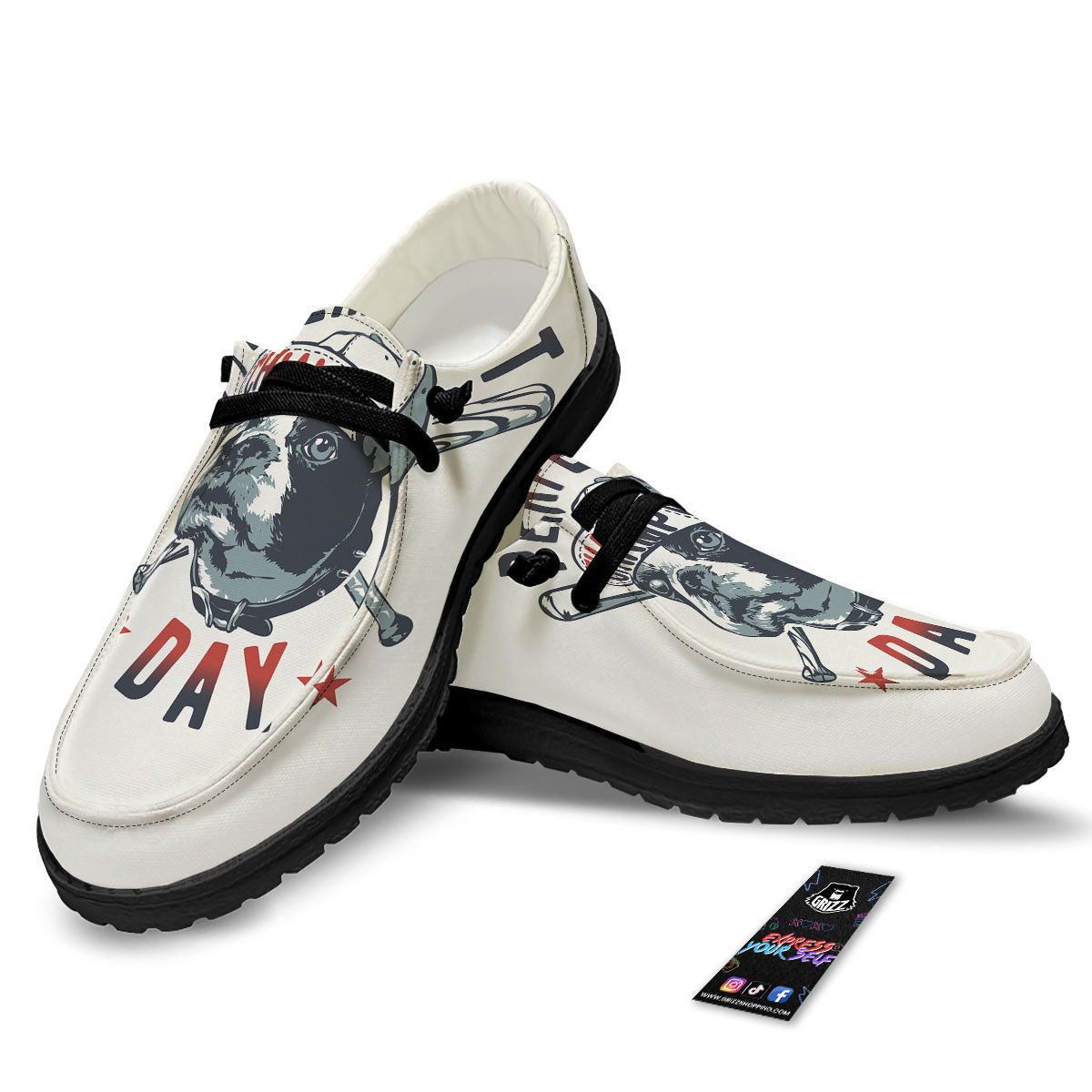 Puppy French Bulldog And Baseball Print Black Loafers-grizzshop