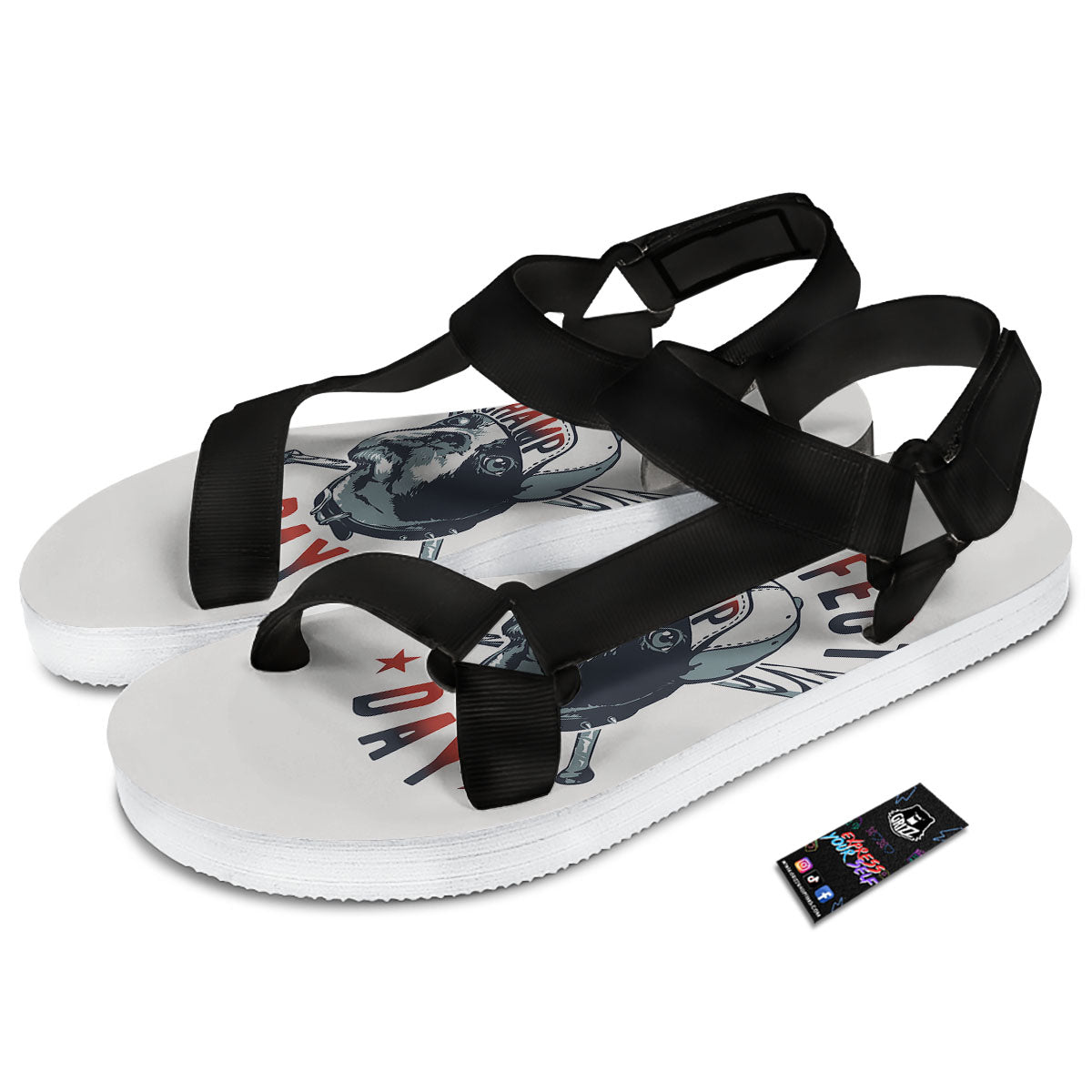 Puppy French Bulldog And Baseball Print Black Open Toe Sandals-grizzshop