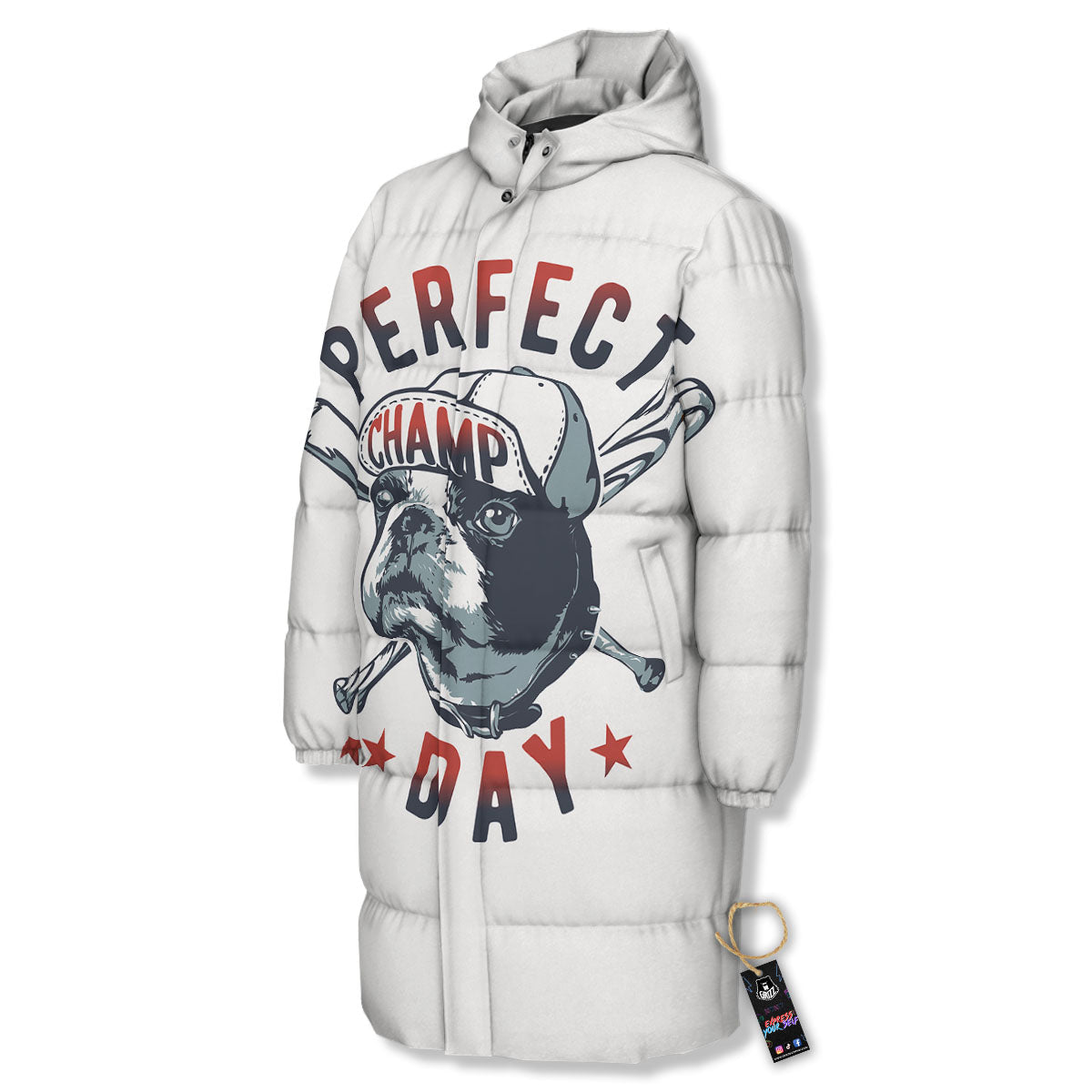 Puppy French Bulldog And Baseball Print Long Down Jacket-grizzshop