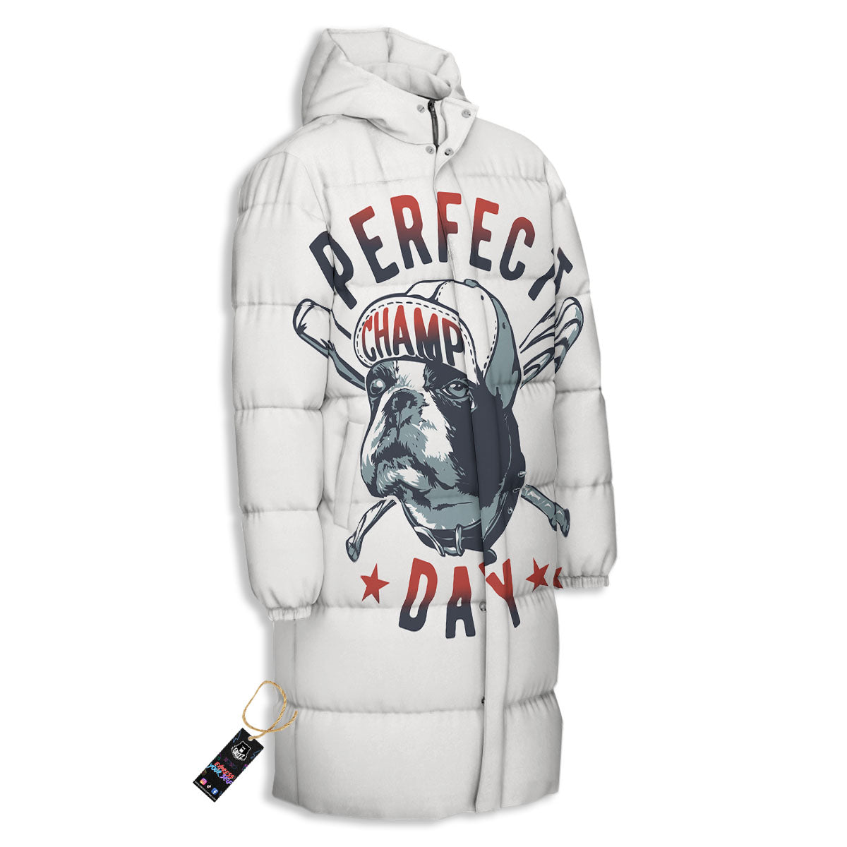 Puppy French Bulldog And Baseball Print Long Down Jacket-grizzshop
