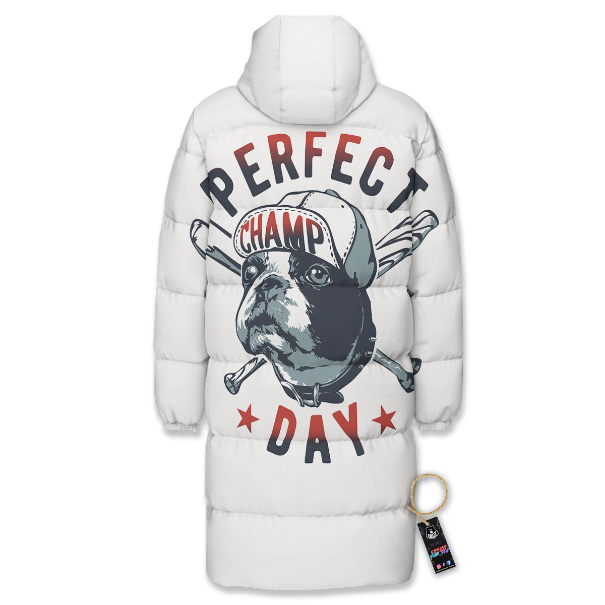 Puppy French Bulldog And Baseball Print Long Down Jacket-grizzshop