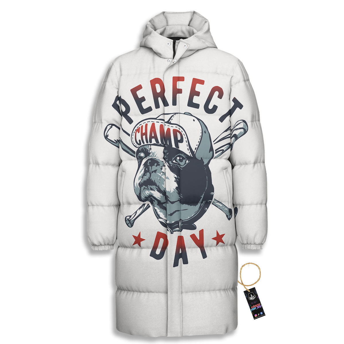 Puppy French Bulldog And Baseball Print Long Down Jacket-grizzshop