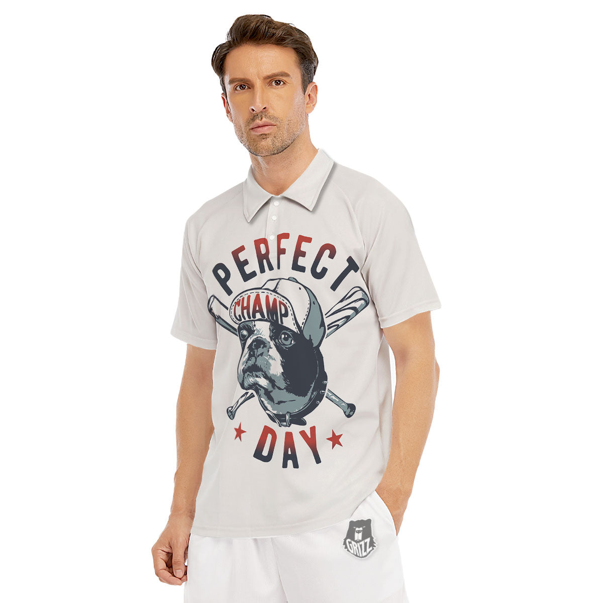 Puppy French Bulldog And Baseball Print Men's Golf Shirts-grizzshop
