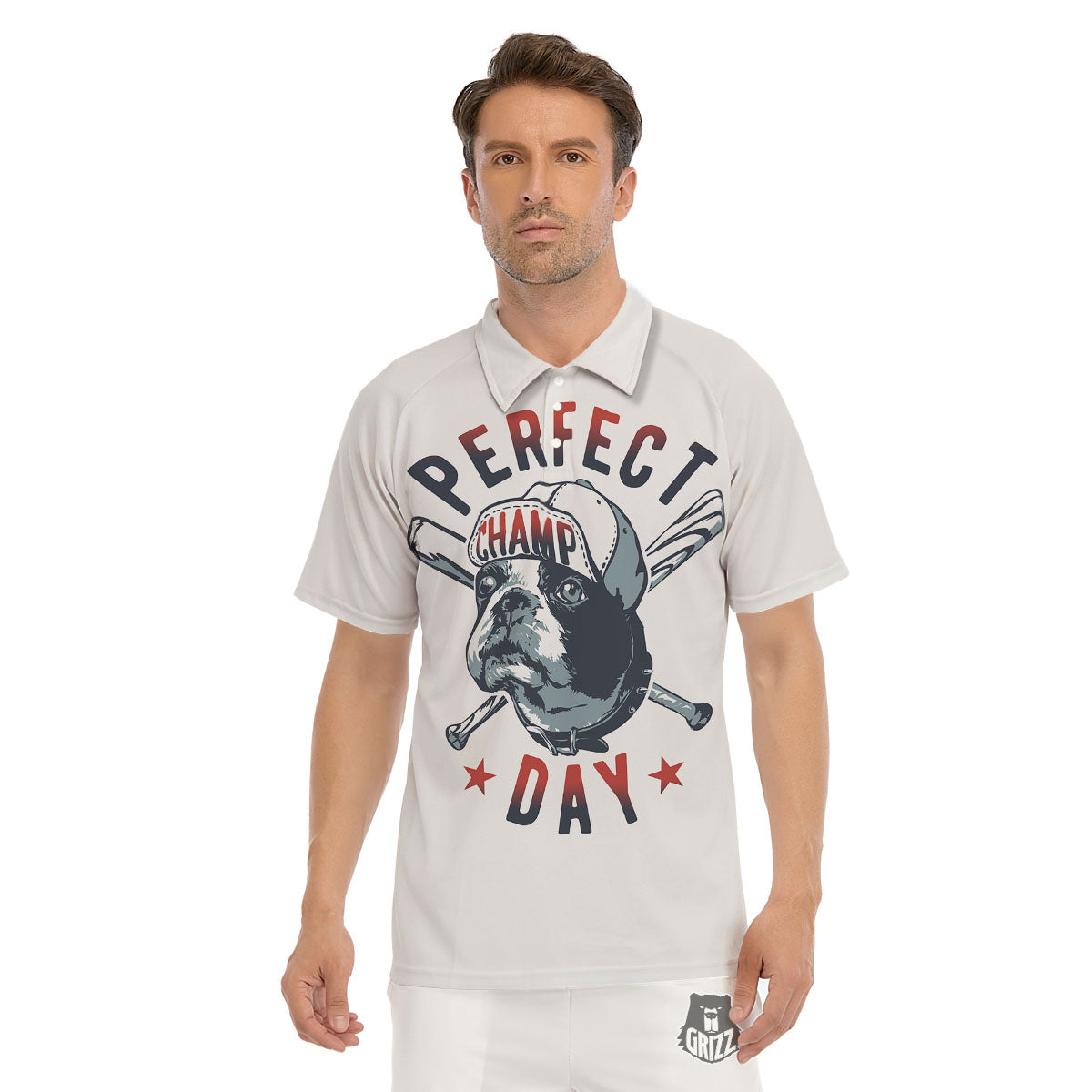 Puppy French Bulldog And Baseball Print Men's Golf Shirts-grizzshop