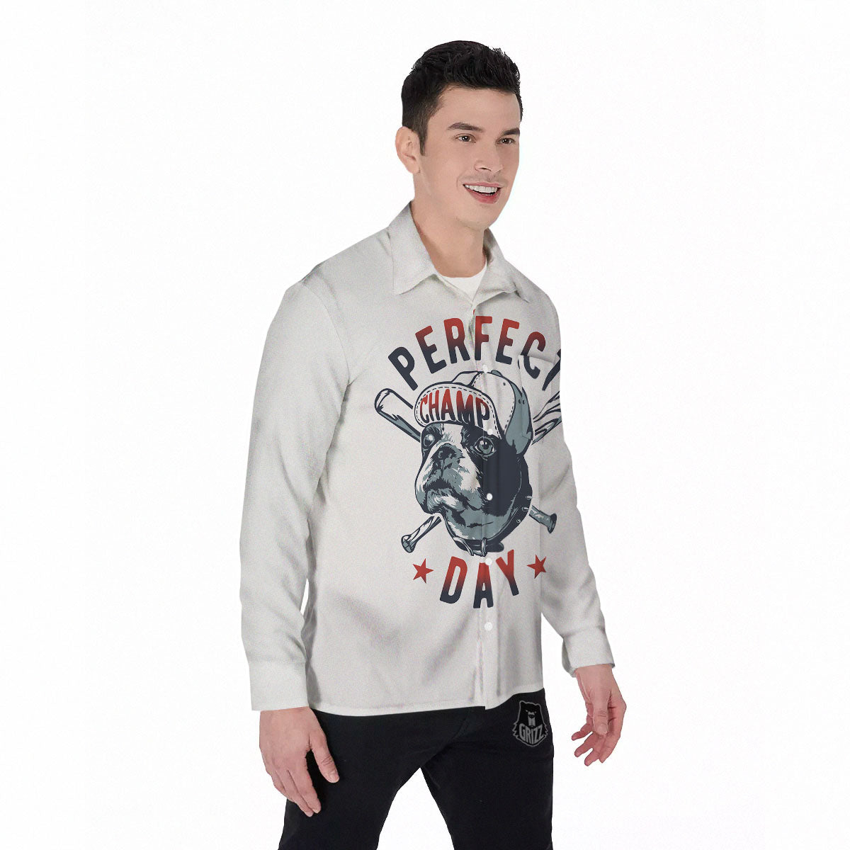 Puppy French Bulldog And Baseball Print Men's Long Sleeve Shirts-grizzshop