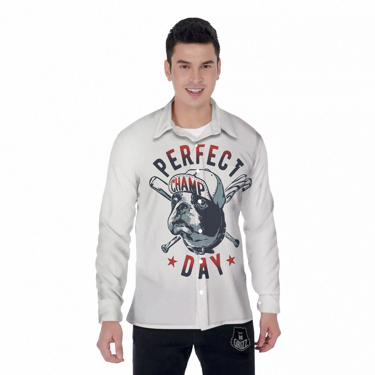 Puppy French Bulldog And Baseball Print Men's Long Sleeve Shirts-grizzshop