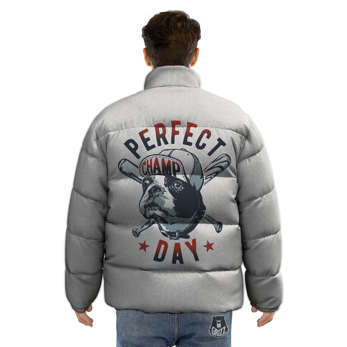 Puppy French Bulldog And Baseball Print Puffer Jacket-grizzshop