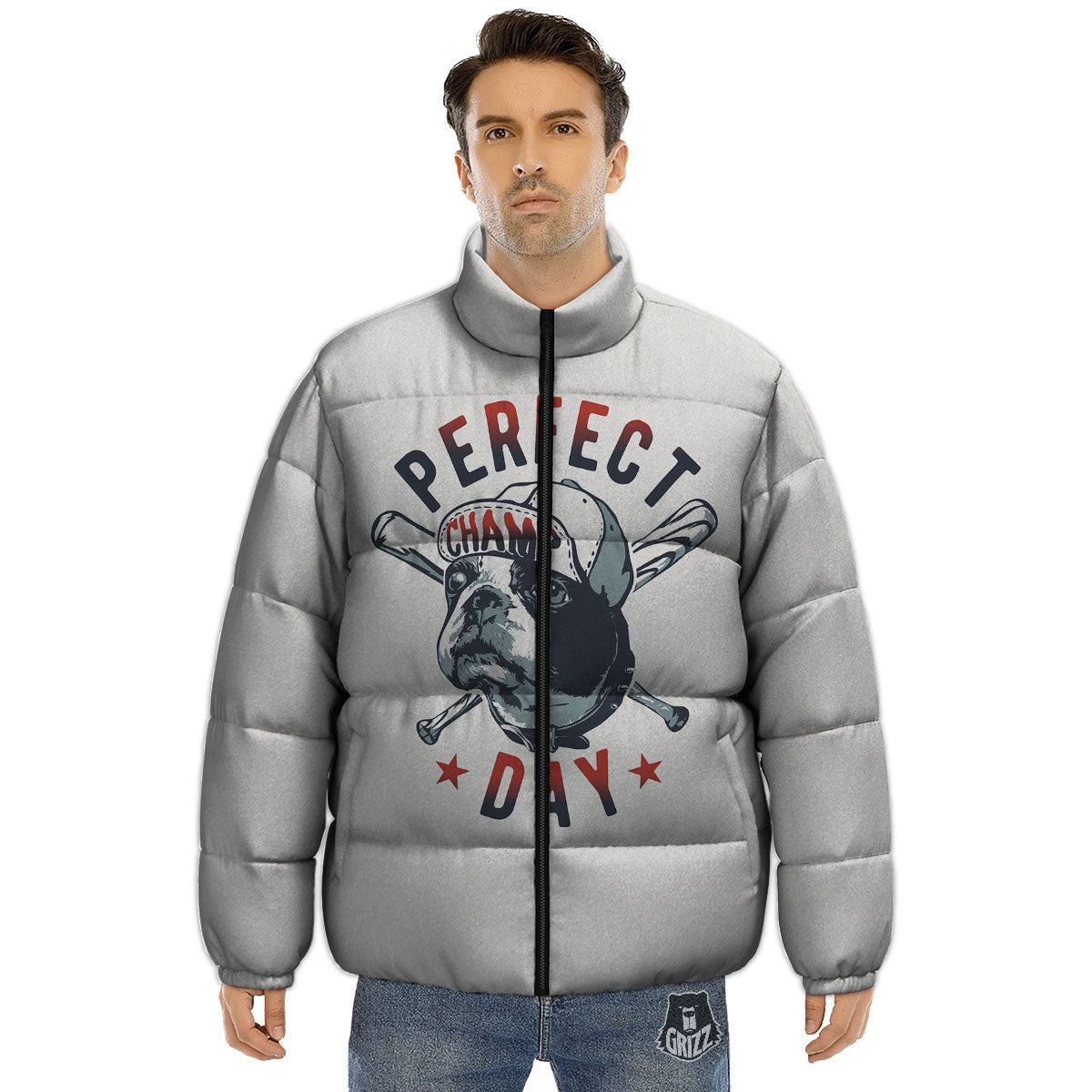 Puppy French Bulldog And Baseball Print Puffer Jacket-grizzshop