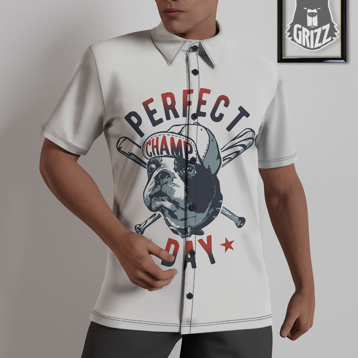 Puppy French Bulldog And Baseball Print Untucked Shirts-grizzshop