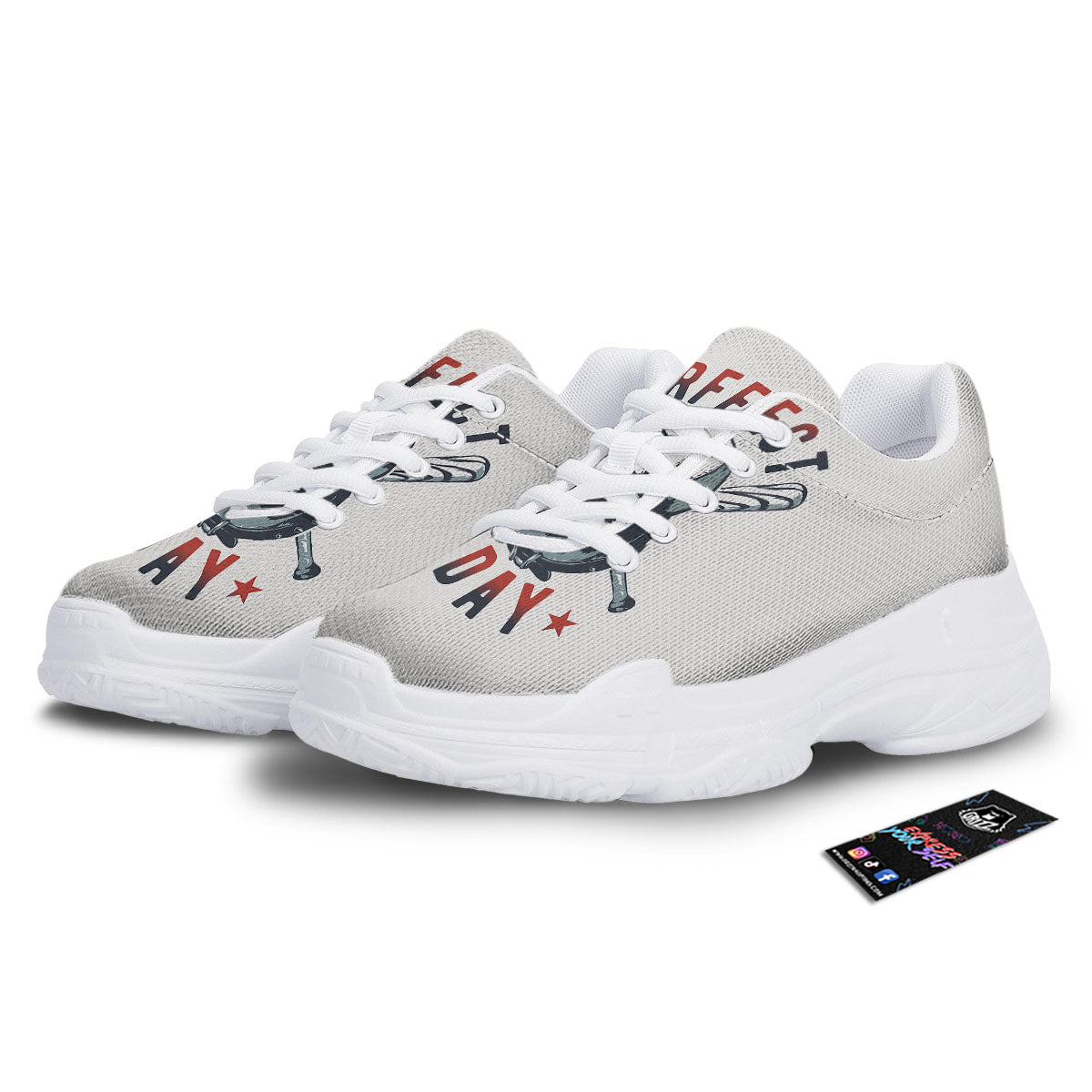 Puppy French Bulldog And Baseball Print White Chunky Shoes-grizzshop
