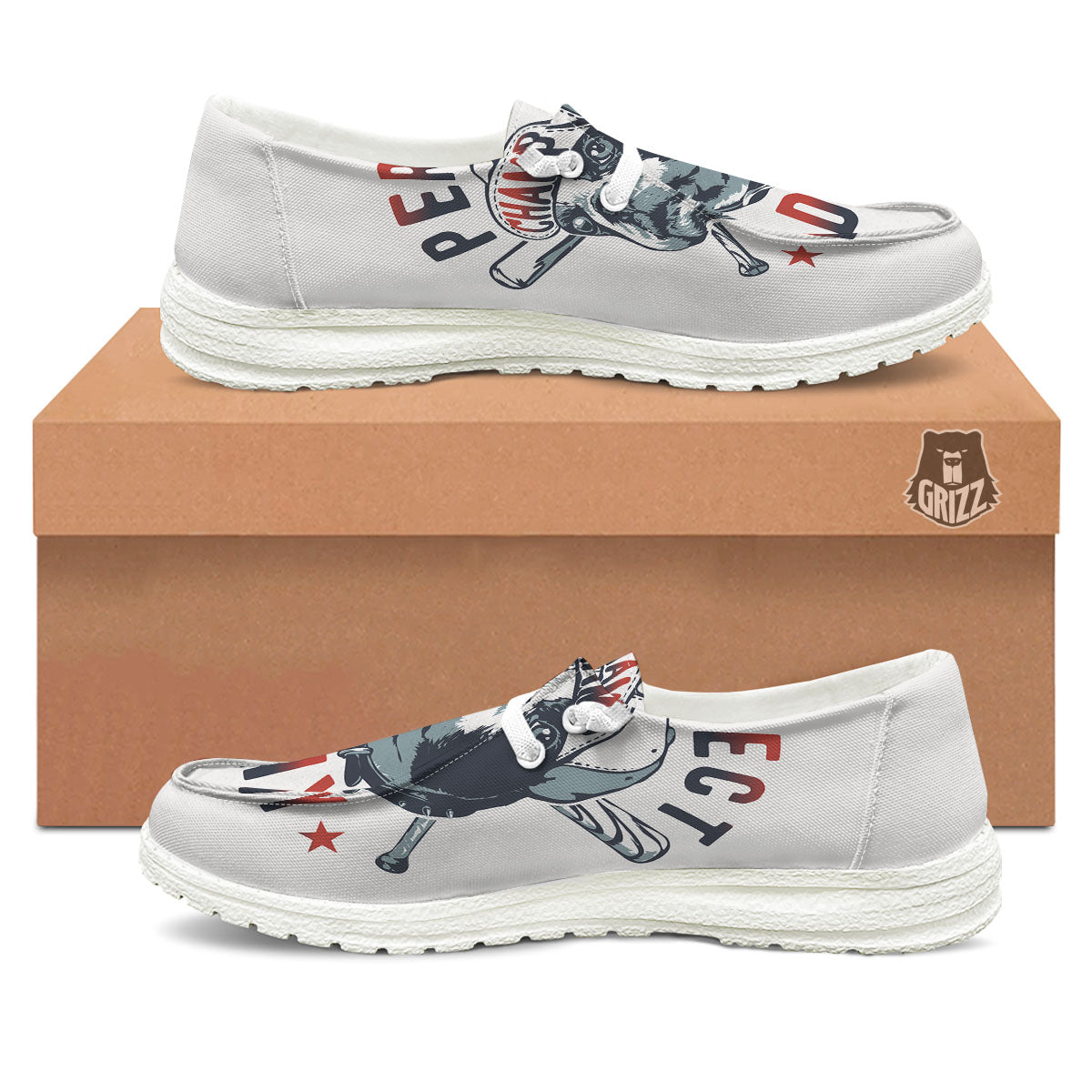 Puppy French Bulldog And Baseball Print White Loafers-grizzshop
