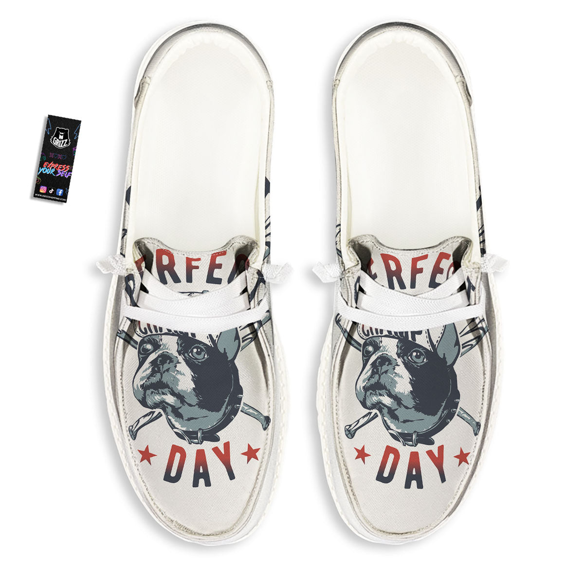 Puppy French Bulldog And Baseball Print White Loafers-grizzshop