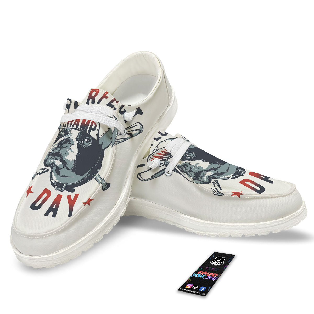 Puppy French Bulldog And Baseball Print White Loafers-grizzshop