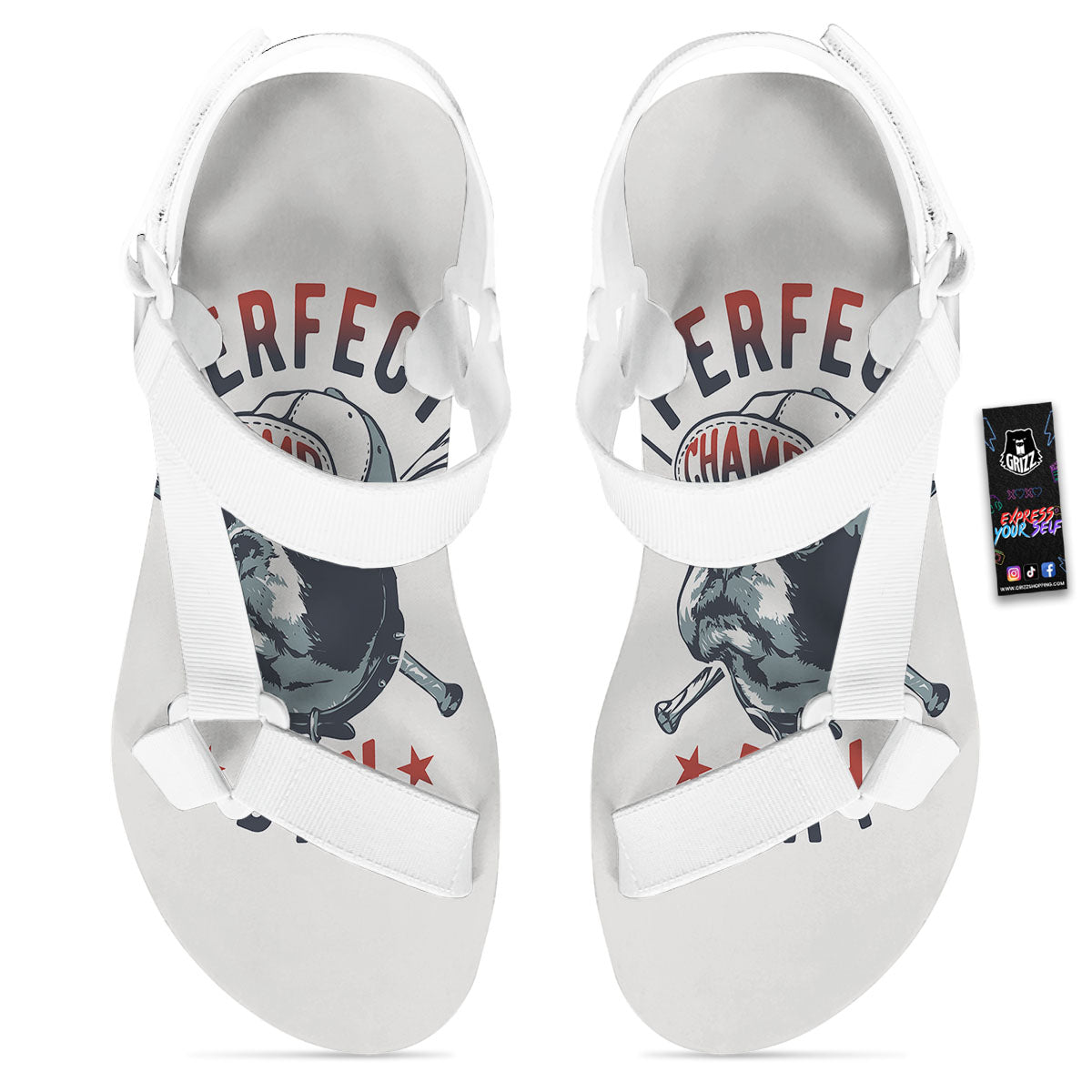 Puppy French Bulldog And Baseball Print White Open Toe Sandals-grizzshop