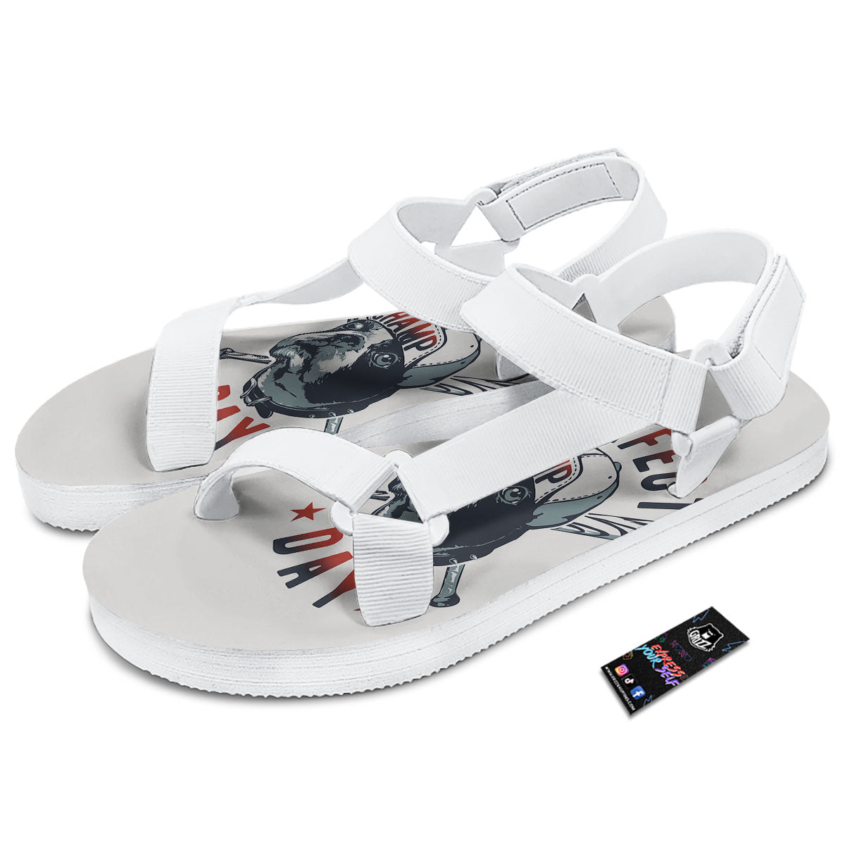 Puppy French Bulldog And Baseball Print White Open Toe Sandals-grizzshop
