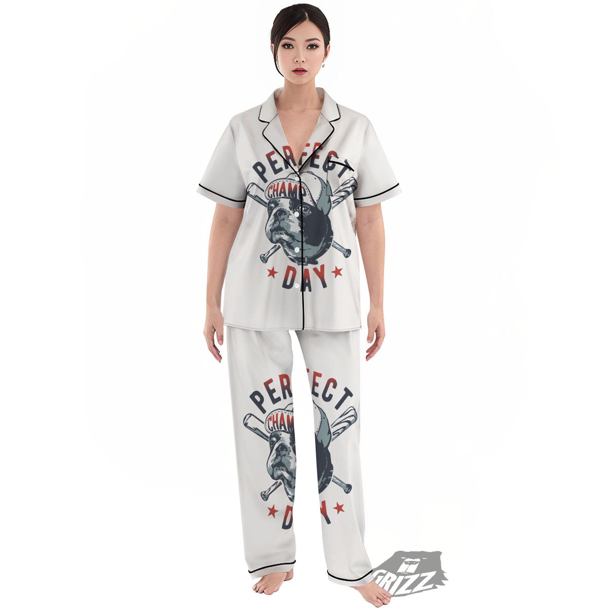 Puppy French Bulldog And Baseball Print Women's Pajamas Set-grizzshop