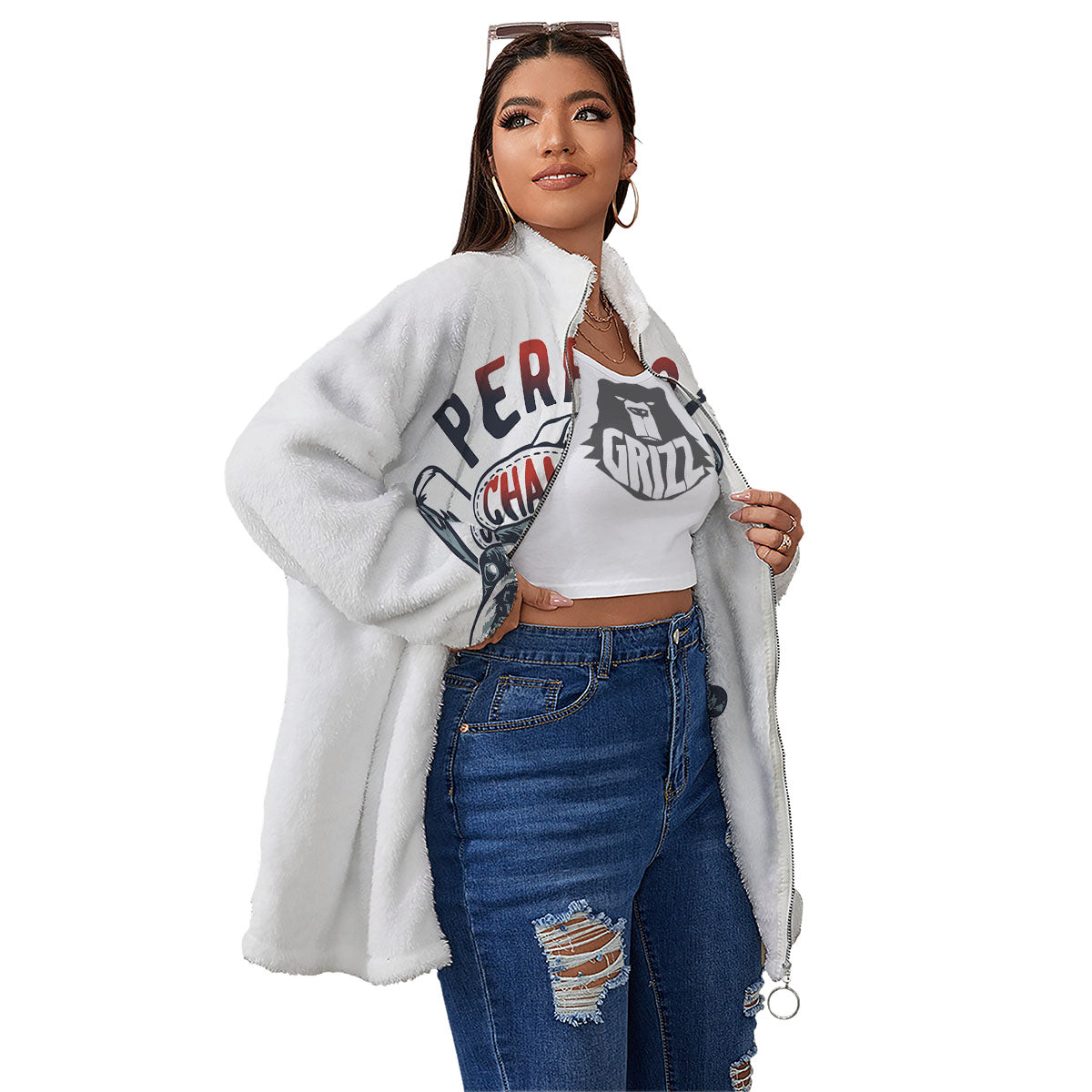 Puppy French Bulldog And Baseball Print Women's Sherpa Jacket-grizzshop
