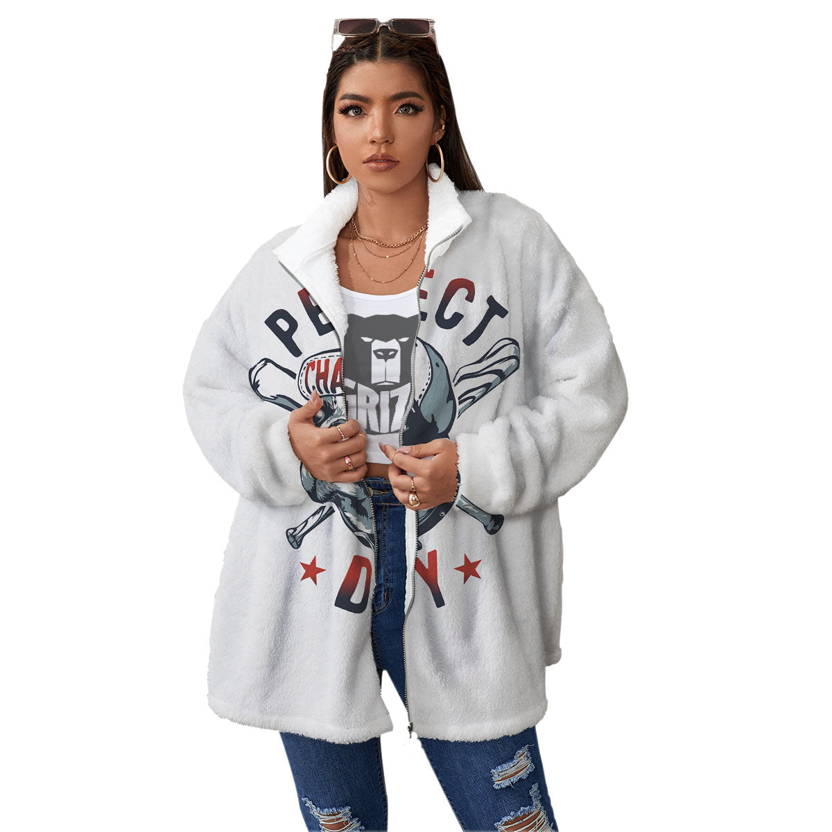 Puppy French Bulldog And Baseball Print Women's Sherpa Jacket-grizzshop