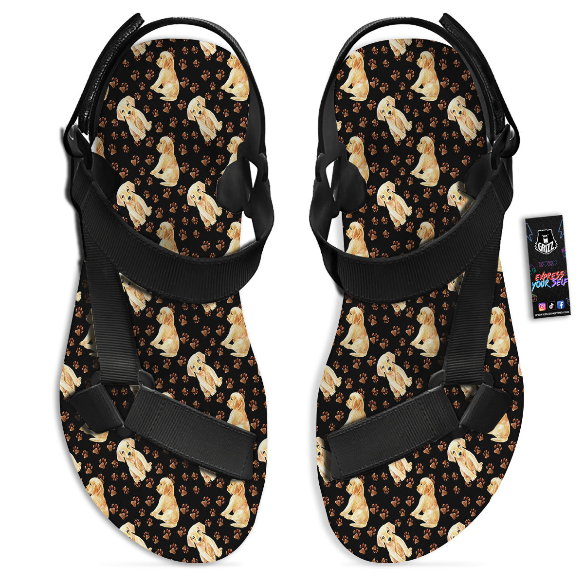 Puppy Labrador Retriever Print Pattern Black Open Toe Sandals-grizzshop
