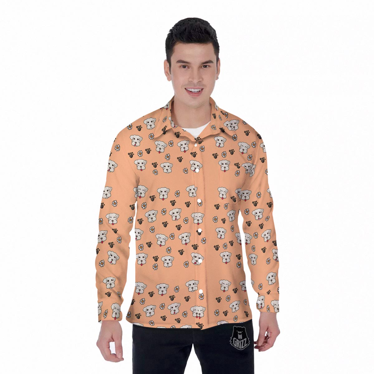 Puppy Shih Tzu Print Pattern Men's Long Sleeve Shirts-grizzshop